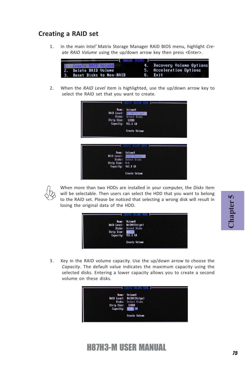 H87h3-m user manual, Chapter 5, Creating a raid set | Elitegroup H87H3-M (V1.0) User Manual | Page 79 / 88