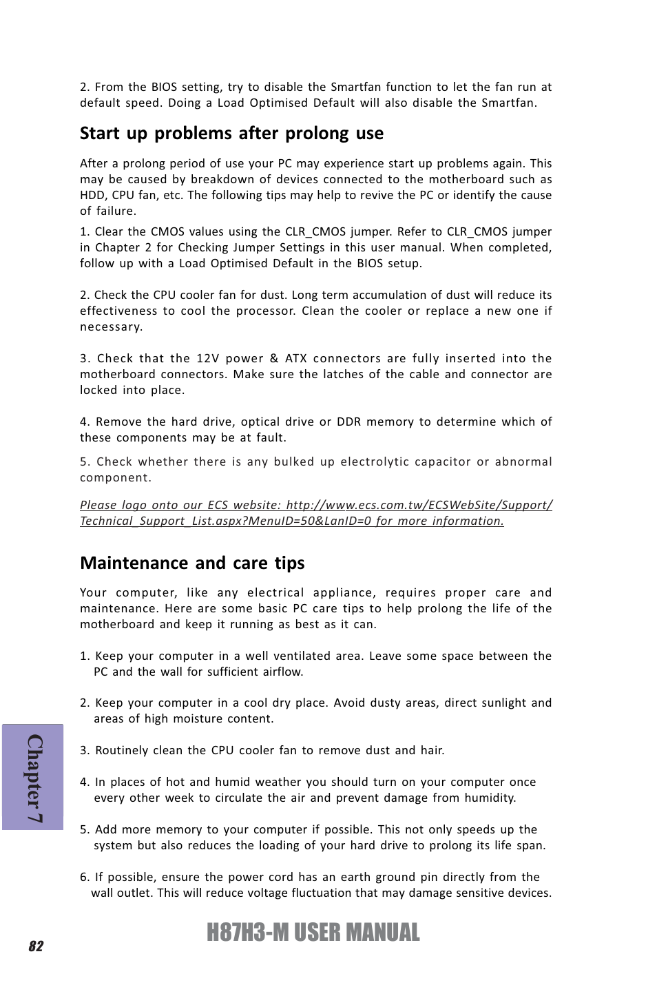 H87h3-m user manual, Chapter 7, Start up problems after prolong use | Maintenance and care tips | Elitegroup H87H3-M (V1.0) User Manual | Page 86 / 88