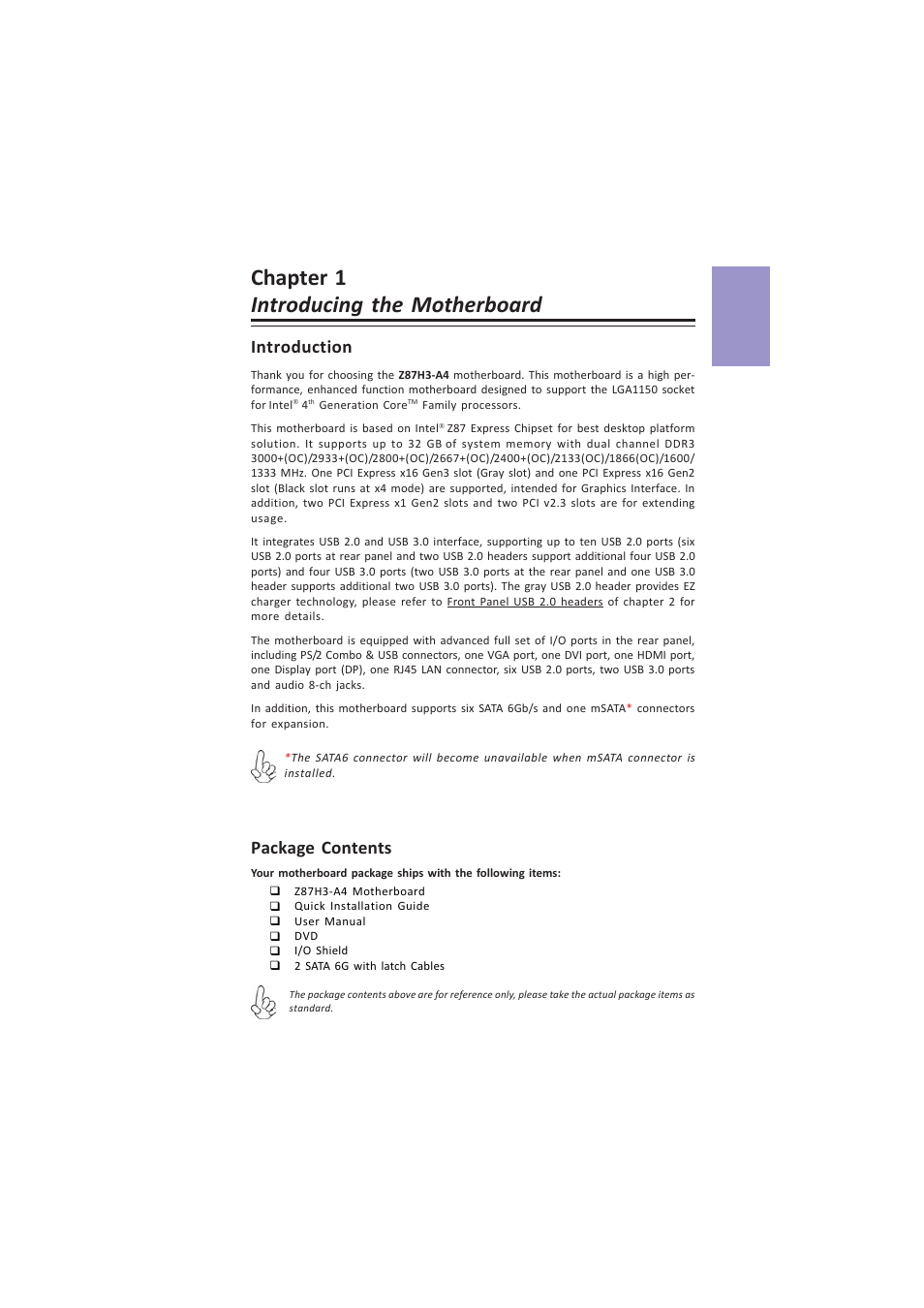 Chapter 1 introducing the motherboard, Z87h3-a4 user manual, Chapter 1 | Introduction, Package contents | Elitegroup Z87H3-A4 (V1.0) User Manual | Page 5 / 96