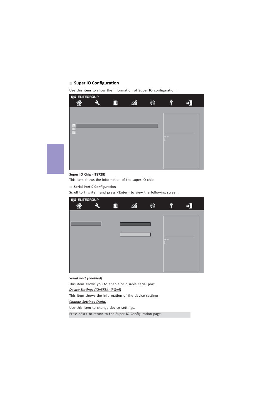 Z87h3-a4 user manual, Chapter 3, Super io configuration | Elitegroup Z87H3-A4 (V1.0) User Manual | Page 52 / 96