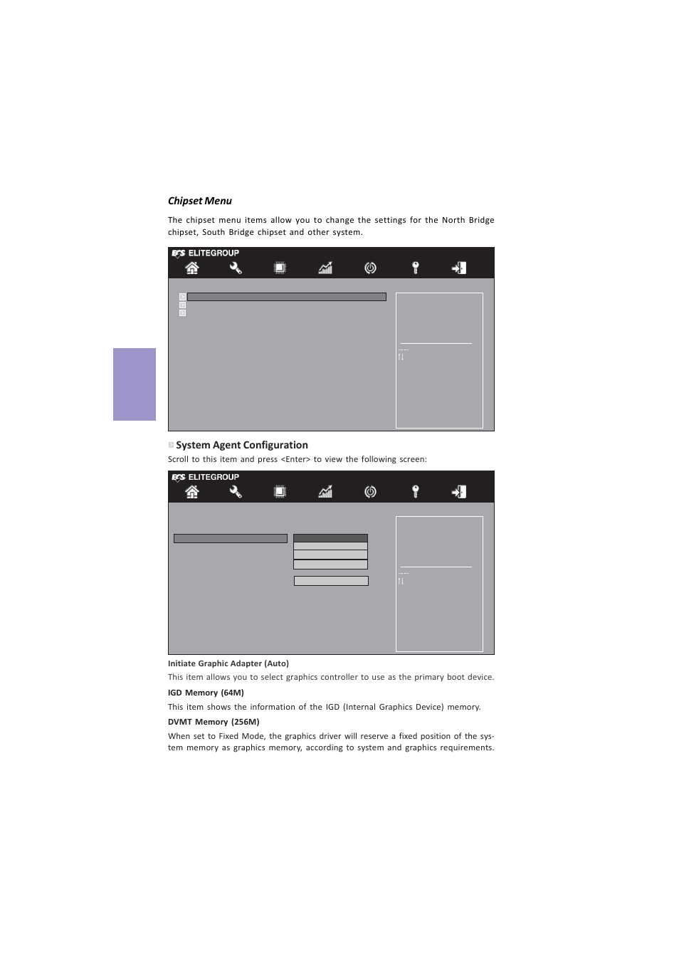 Z87h3-a4 user manual, Chapter 3, Chipset menu | System agent configuration | Elitegroup Z87H3-A4 (V1.0) User Manual | Page 56 / 96