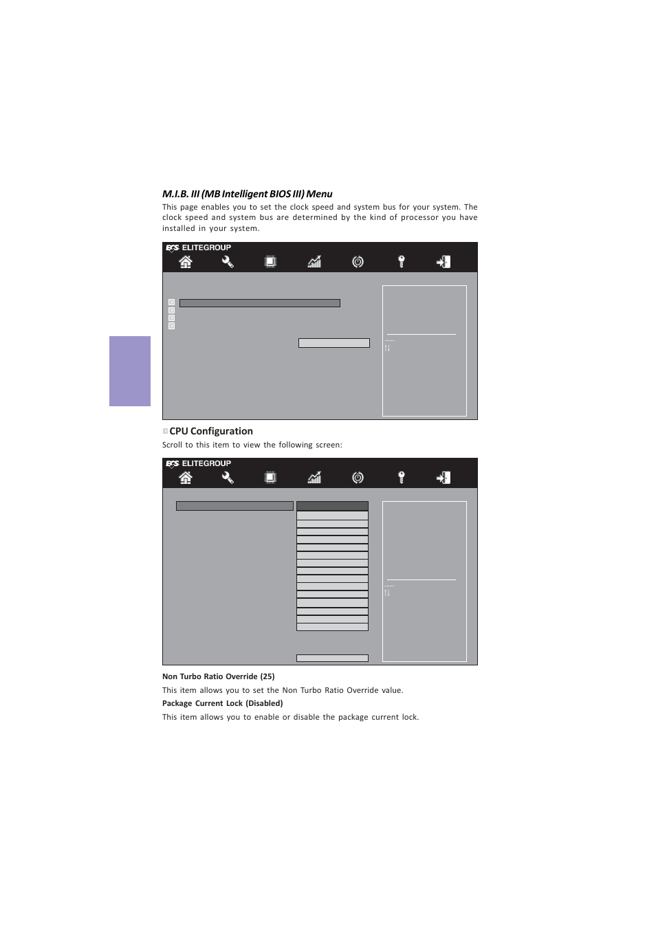 Z87h3-a4 user manual, Chapter 3, M.i.b. iii (mb intelligent bios iii) menu | Cpu configuration | Elitegroup Z87H3-A4 (V1.0) User Manual | Page 64 / 96