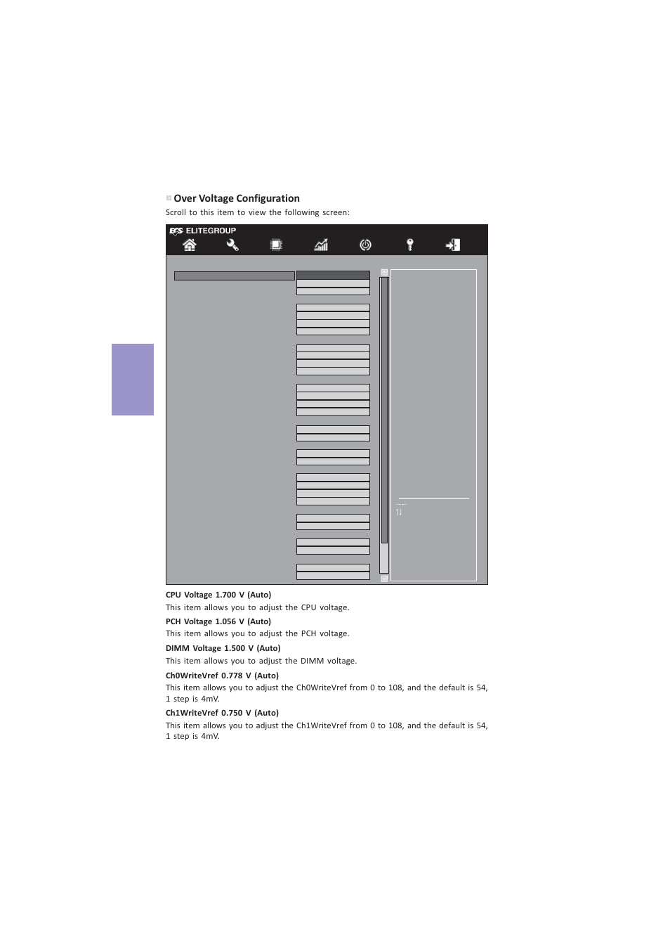 Z87h3-a4 user manual, Chapter 3, Over voltage configuration | Elitegroup Z87H3-A4 (V1.0) User Manual | Page 70 / 96