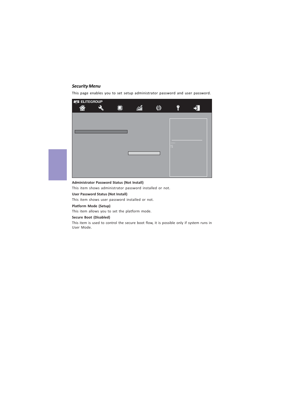 Z87h3-a4 user manual, Chapter 3, Security menu | Elitegroup Z87H3-A4 (V1.0) User Manual | Page 74 / 96