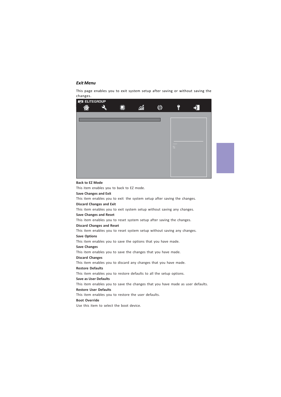 Z87h3-a4 user manual, Chapter 3, Exit menu | Elitegroup Z87H3-A4 (V1.0) User Manual | Page 75 / 96