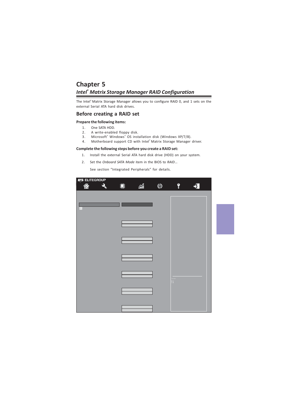 Z87h3-a4 user manual, Chapter 5, Intel | Matrix storage manager raid configuration, Before creating a raid set | Elitegroup Z87H3-A4 (V1.0) User Manual | Page 83 / 96