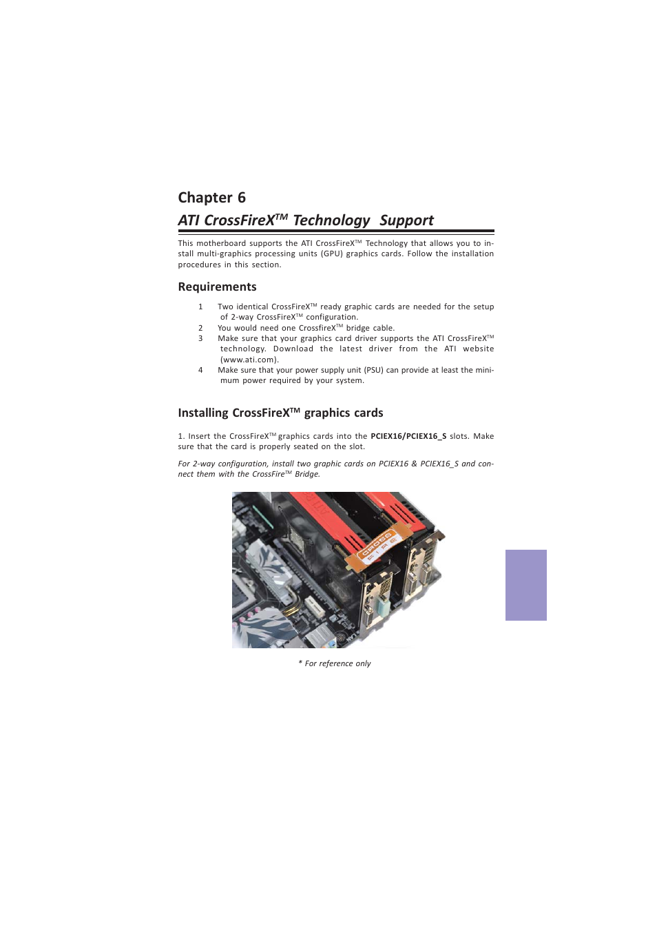 Chapter 6 ati crossfirex, Technology support, Z87h3-a4 user manual | Chapter 6, Requirements, Installing crossfirex, Graphics cards | Elitegroup Z87H3-A4 (V1.0) User Manual | Page 89 / 96