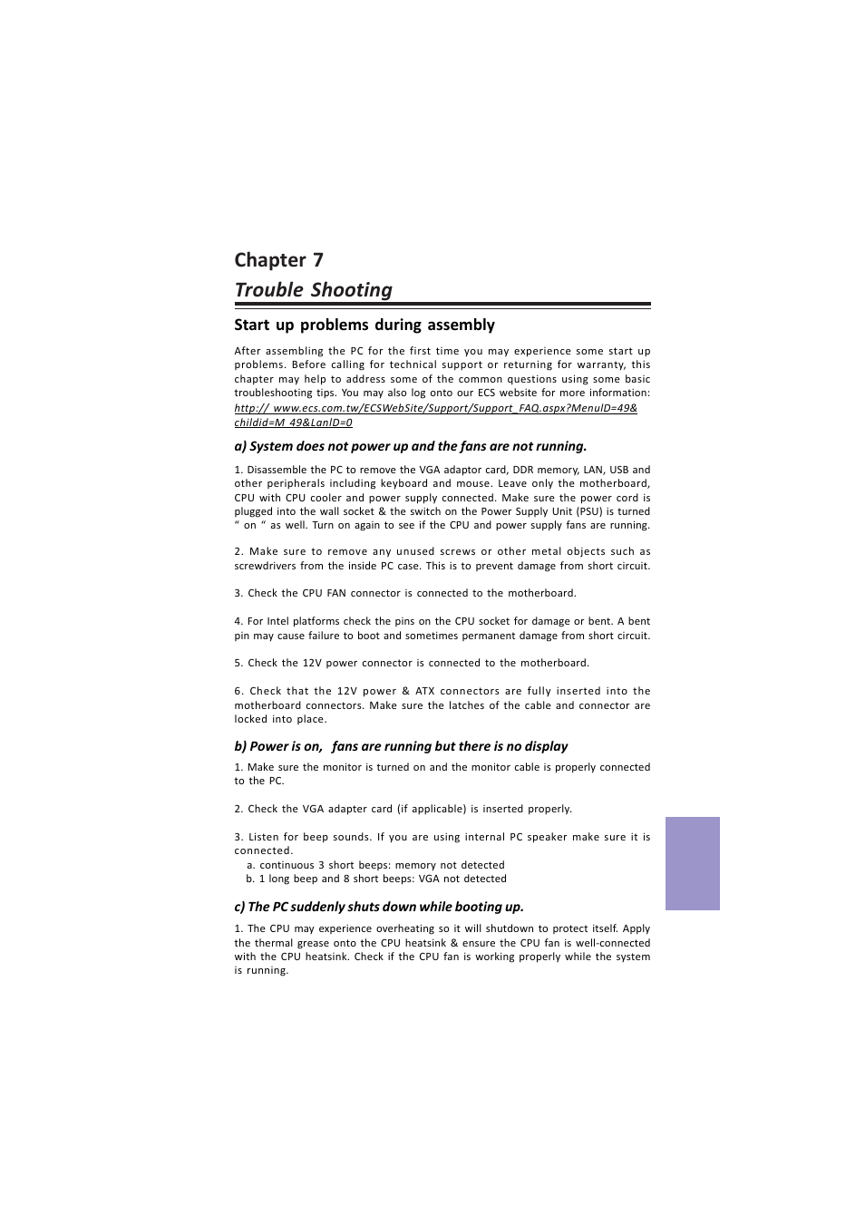Chapter 7 trouble shooting, Z87h3-a4 user manual, Chapter 7 | Start up problems during assembly | Elitegroup Z87H3-A4 (V1.0) User Manual | Page 93 / 96
