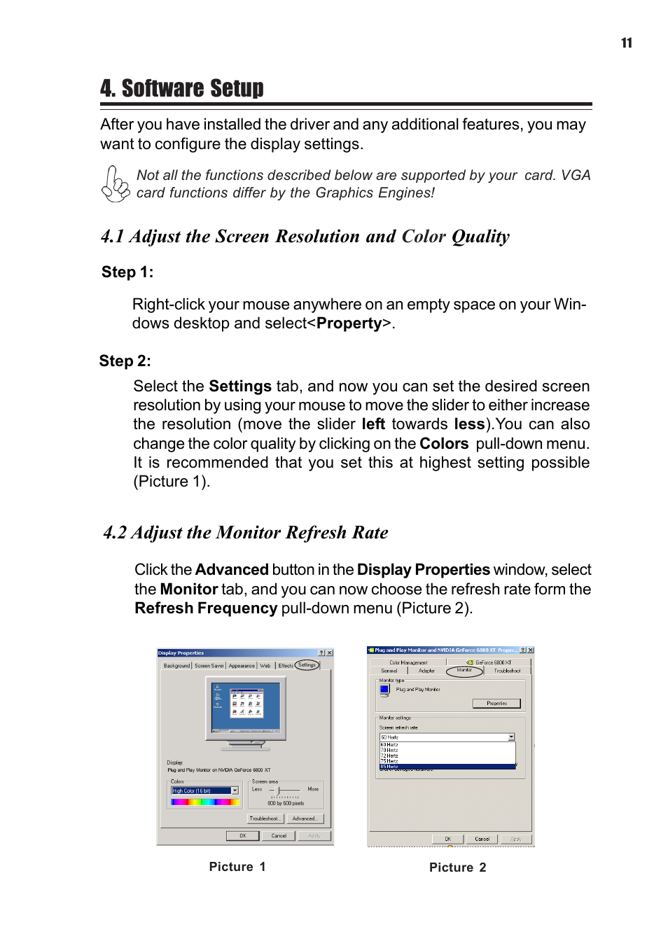 Software setup, 1 adjust the screen resolution and color quality, 2 adjust the monitor refresh rate | Elitegroup NVIDIA VGA cards User Manual | Page 13 / 110