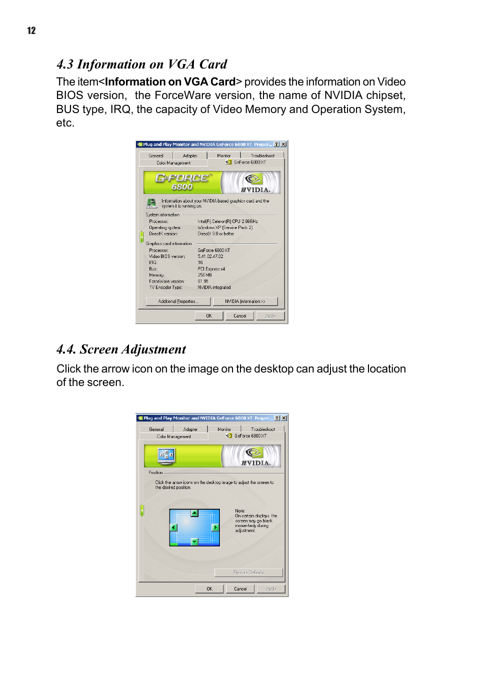 3 information on vga card 4.4. screen adjustment | Elitegroup NVIDIA VGA cards User Manual | Page 14 / 110