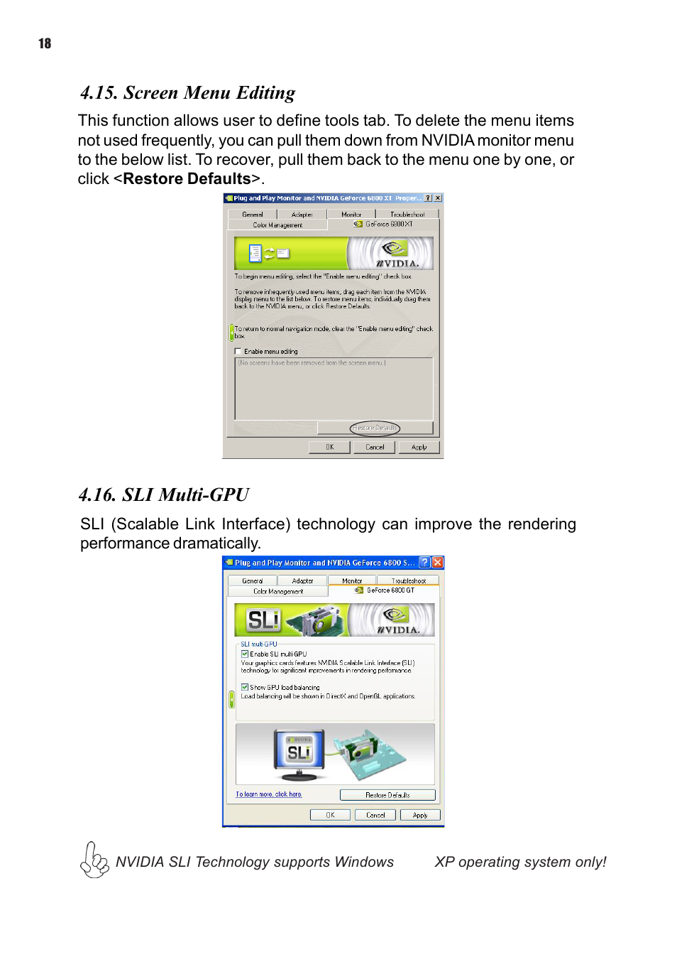 Screen menu editing, Sli multi-gpu | Elitegroup NVIDIA VGA cards User Manual | Page 20 / 110