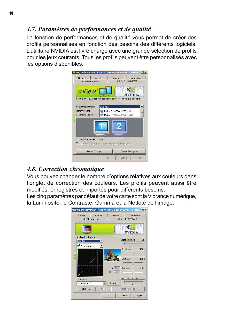 Paramètres de performances et de qualité, Correction chromatique | Elitegroup NVIDIA VGA cards User Manual | Page 34 / 110