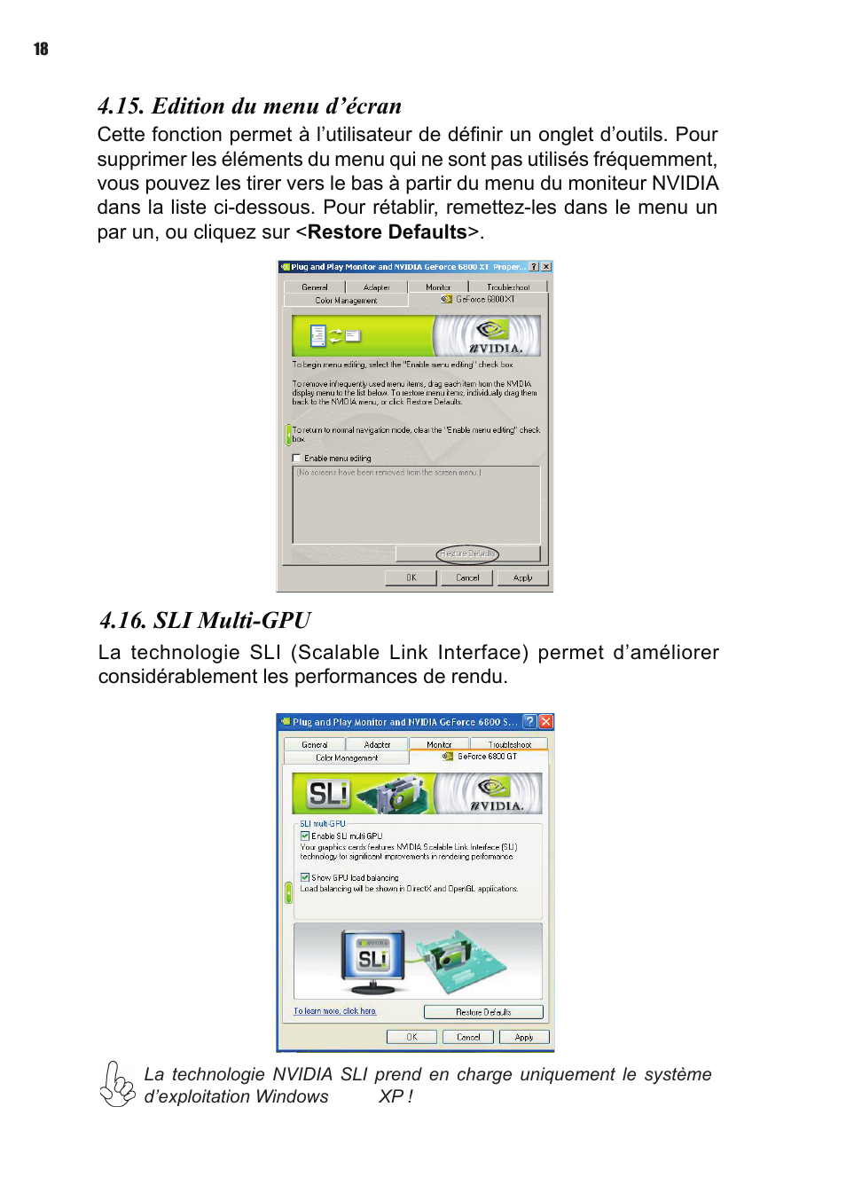 Edition du menu d’écran, Sli multi-gpu | Elitegroup NVIDIA VGA cards User Manual | Page 38 / 110