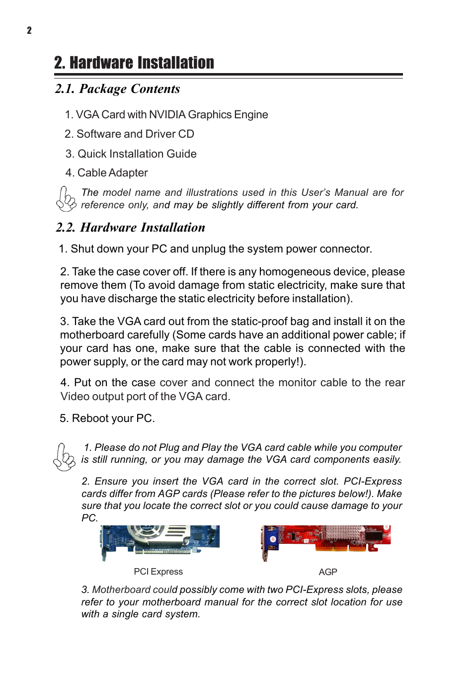 Hardware installation, Package contents | Elitegroup NVIDIA VGA cards User Manual | Page 4 / 110