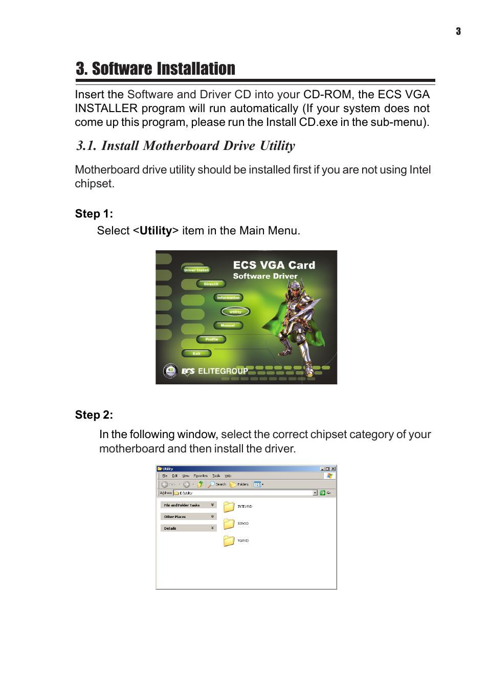 Software installation, Install motherboard drive utility | Elitegroup NVIDIA VGA cards User Manual | Page 5 / 110