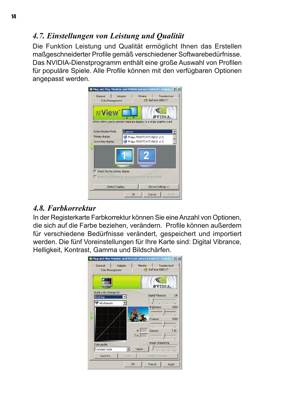 Einstellungen von leistung und qualität, Farbkorrektur | Elitegroup NVIDIA VGA cards User Manual | Page 52 / 110
