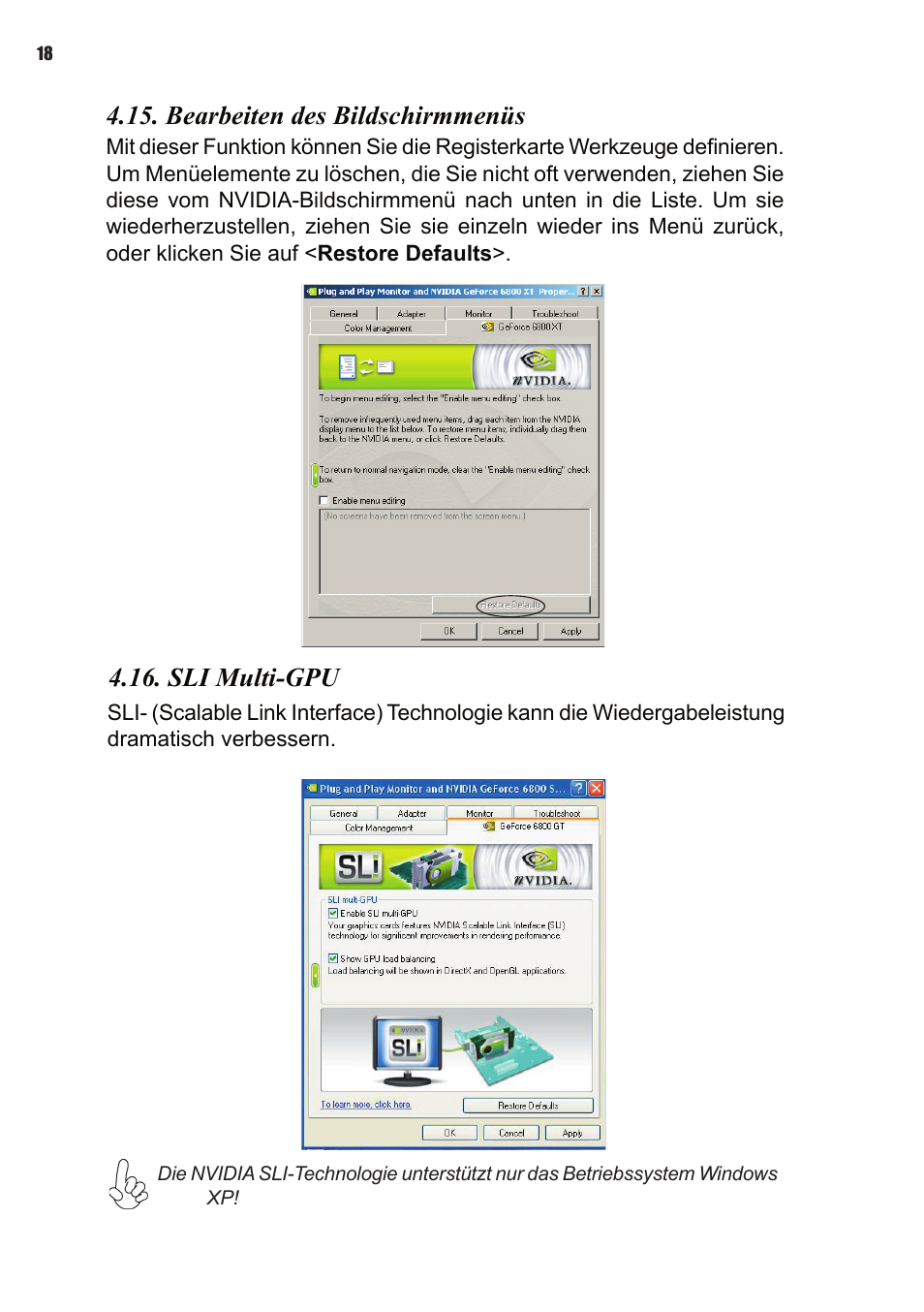 Bearbeiten des bildschirmmenüs, Sli multi-gpu | Elitegroup NVIDIA VGA cards User Manual | Page 56 / 110