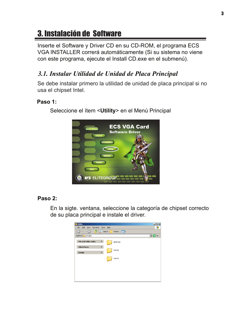 Instalación de software, Instalar utilidad de unidad de placa principal | Elitegroup NVIDIA VGA cards User Manual | Page 59 / 110