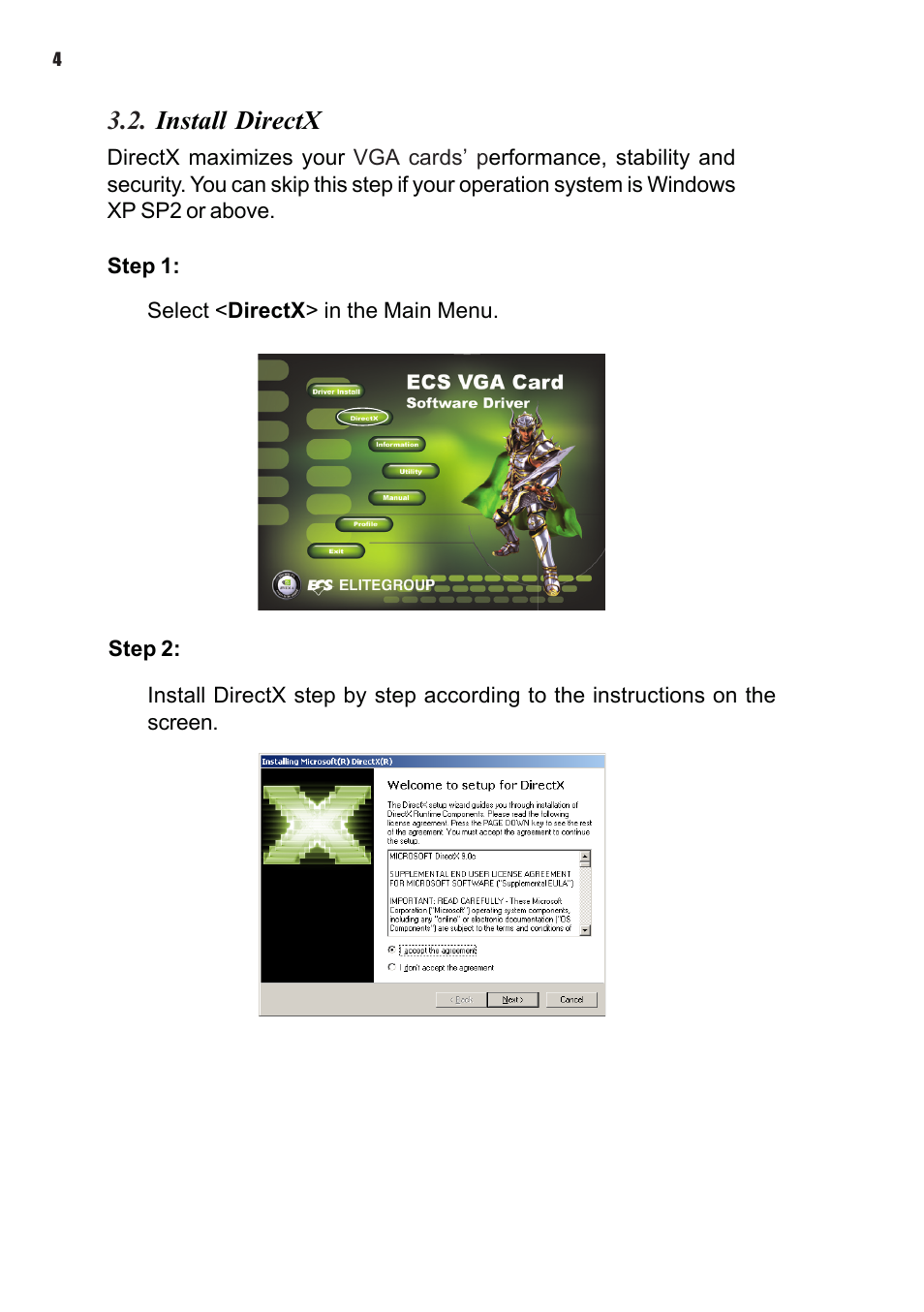 Install directx | Elitegroup NVIDIA VGA cards User Manual | Page 6 / 110