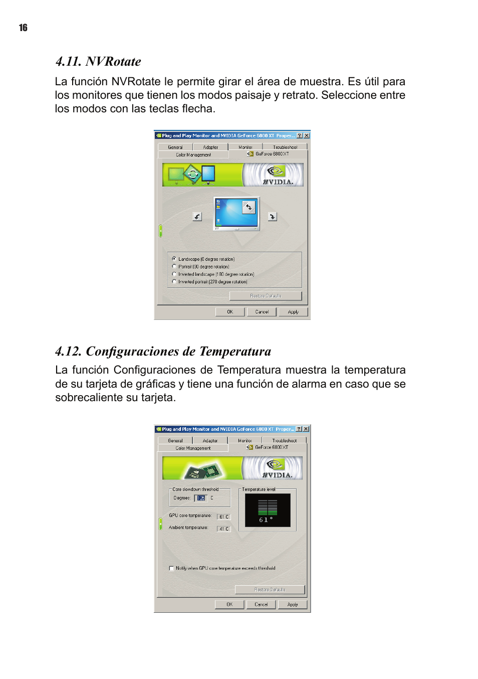 Nvrotate, Conﬁguraciones de temperatura | Elitegroup NVIDIA VGA cards User Manual | Page 72 / 110
