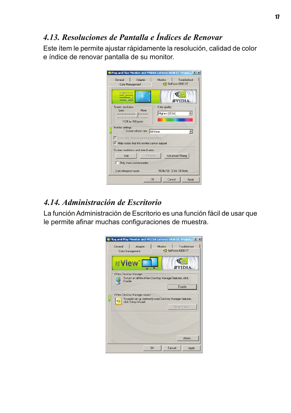 Resoluciones de pantalla e índices de renovar, Administración de escritorio | Elitegroup NVIDIA VGA cards User Manual | Page 73 / 110