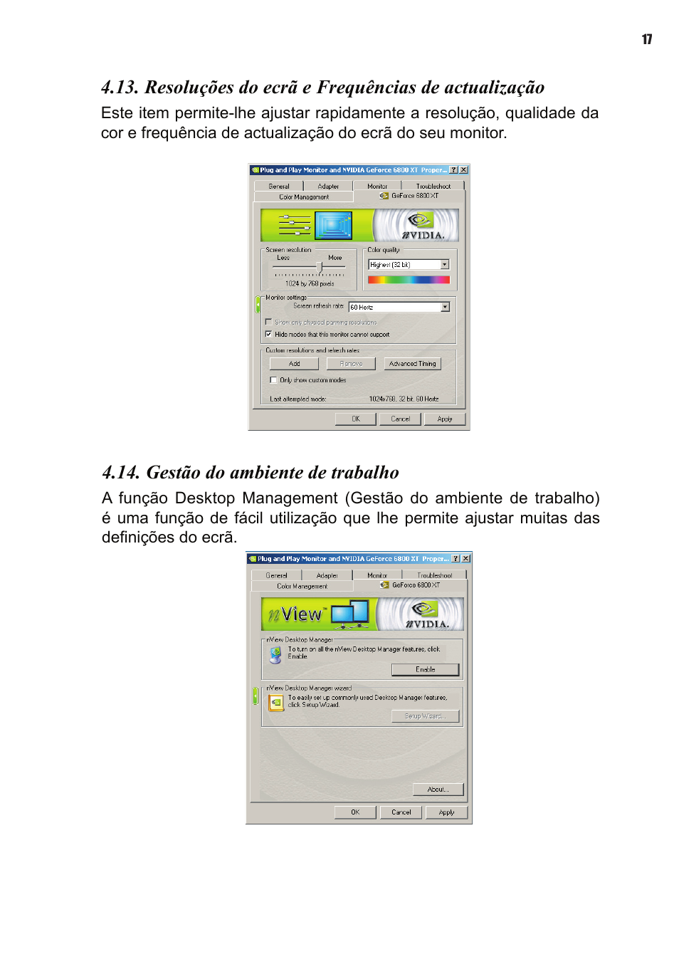 Resoluções do ecrã e frequências de actualização, Gestão do ambiente de trabalho | Elitegroup NVIDIA VGA cards User Manual | Page 91 / 110