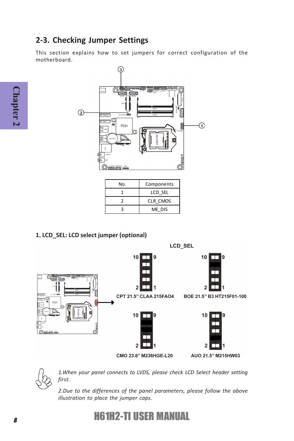 H61h2-ti user manual, Chapter 2, 3. checking jumper settings | Elitegroup H61H2-TI (V1.0) User Manual | Page 12 / 66