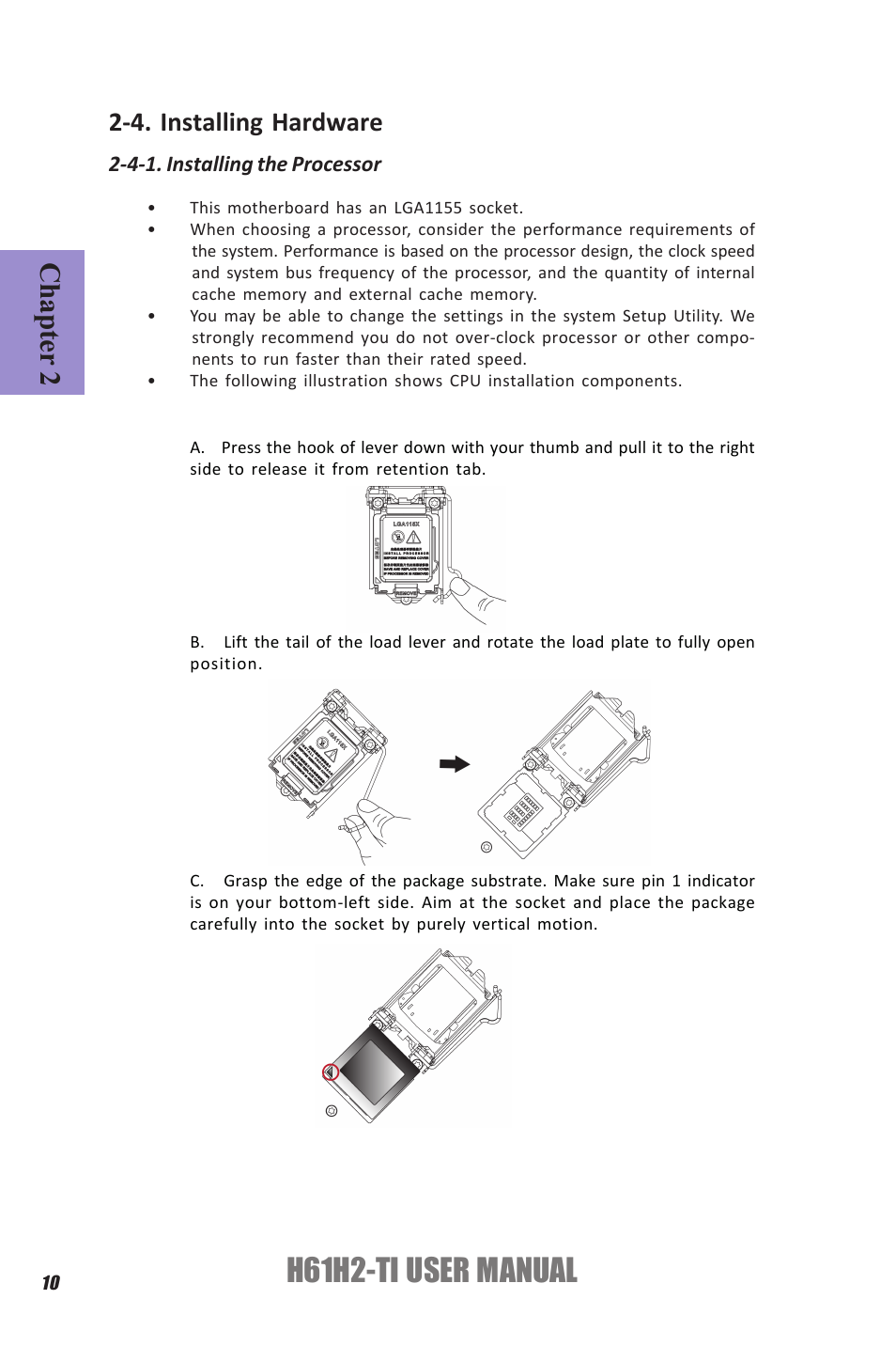 H61h2-ti user manual, Chapter 2, 4. installing hardware | Elitegroup H61H2-TI (V1.0) User Manual | Page 14 / 66