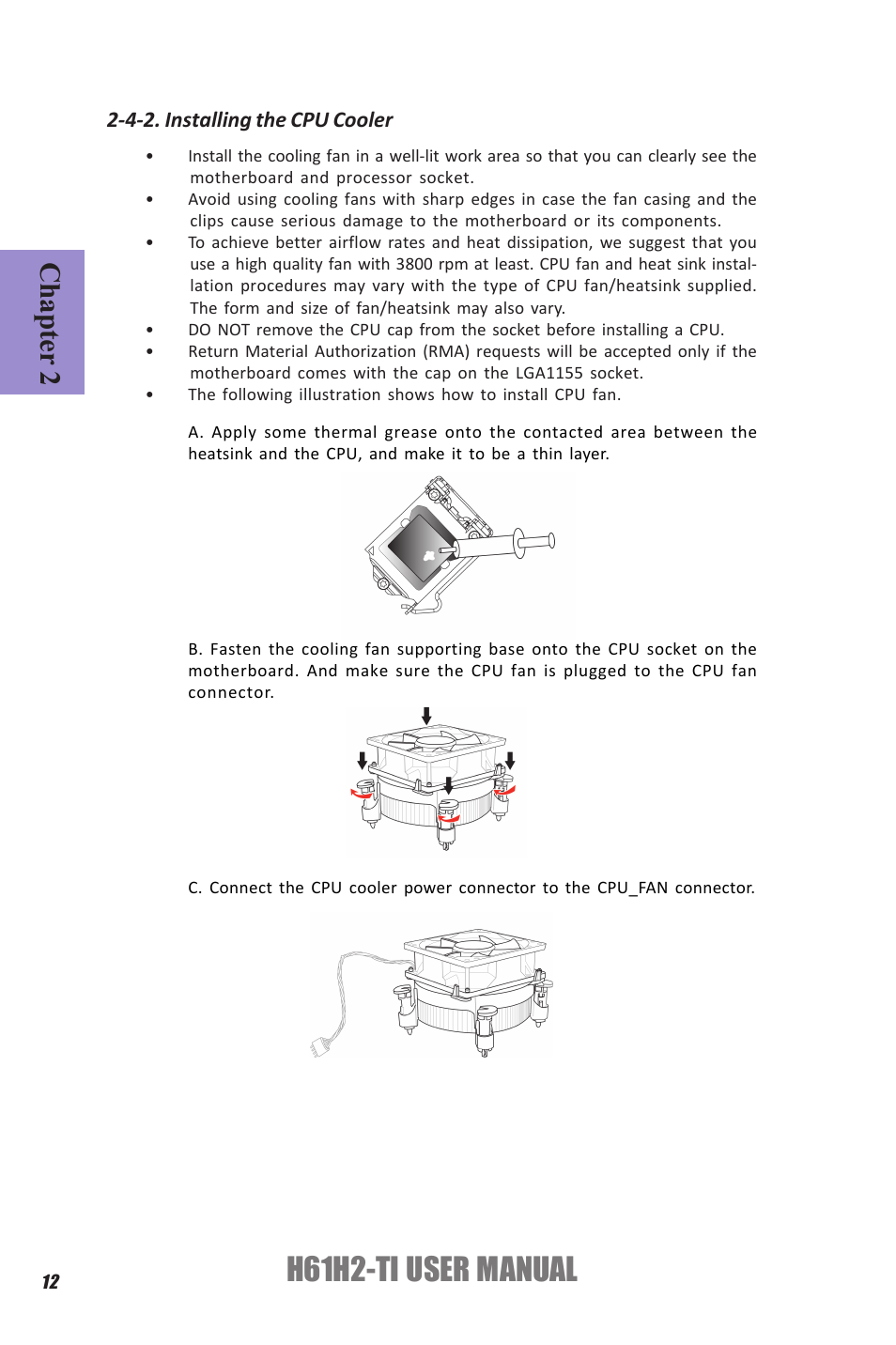 H61h2-ti user manual, Chapter 2, 4-2. installing the cpu cooler | Elitegroup H61H2-TI (V1.0) User Manual | Page 16 / 66