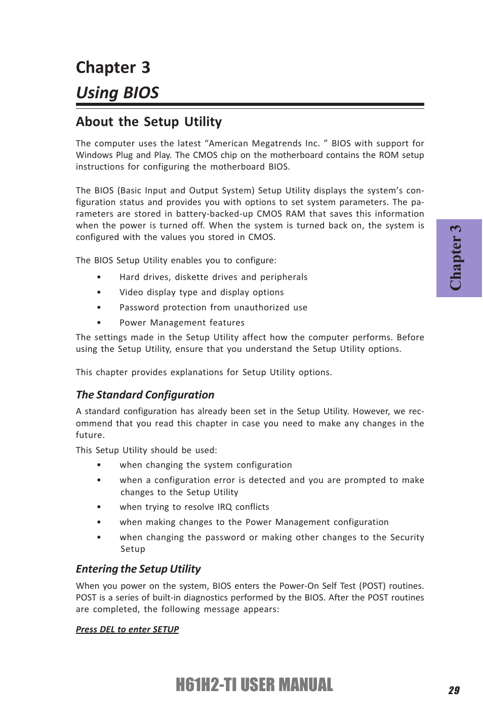 Chapter 3 using bios, H61h2-ti user manual, Chapter 3 | About the setup utility | Elitegroup H61H2-TI (V1.0) User Manual | Page 33 / 66