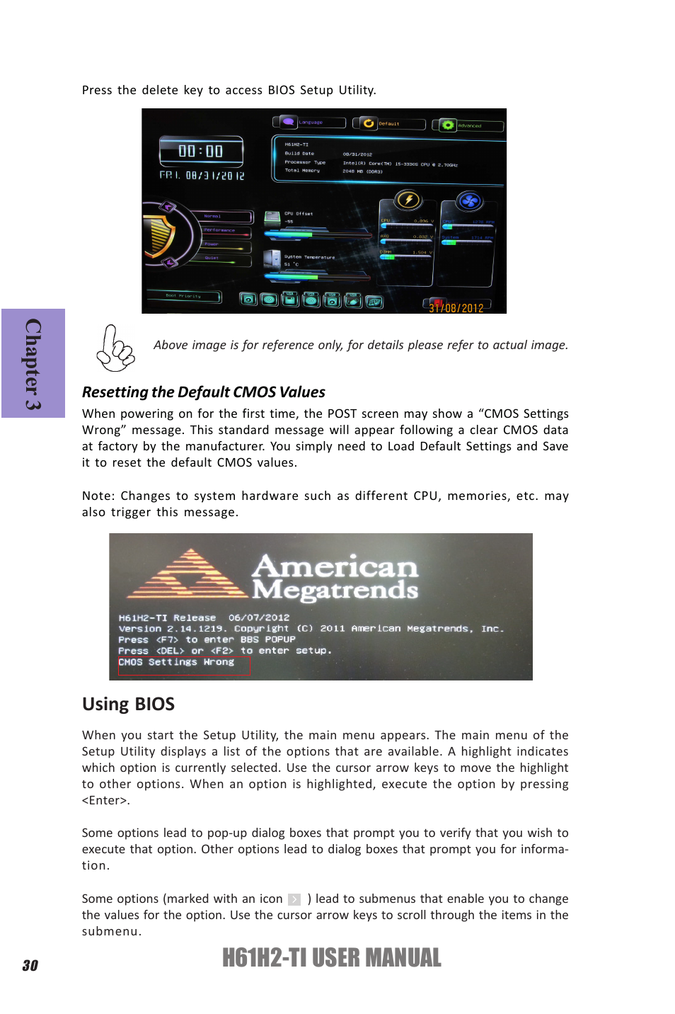 H61h2-ti user manual, Chapter 3, Using bios | Elitegroup H61H2-TI (V1.0) User Manual | Page 34 / 66