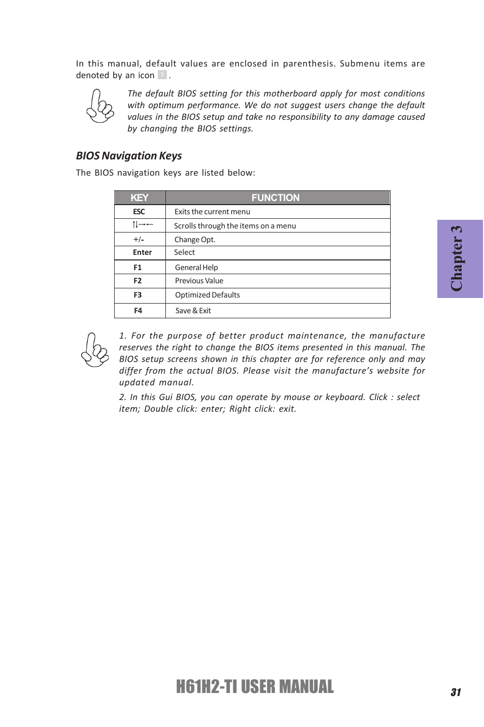 H61h2-ti user manual, Chapter 3, Bios navigation keys | Elitegroup H61H2-TI (V1.0) User Manual | Page 35 / 66