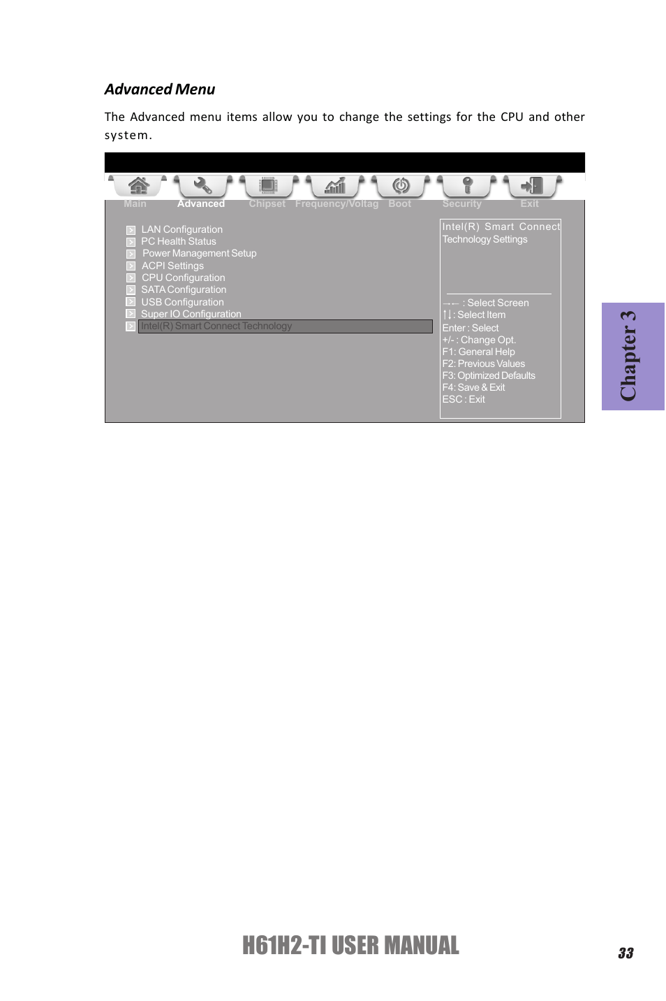 H61h2-ti user manual, Chapter 3, Advanced menu | Elitegroup H61H2-TI (V1.0) User Manual | Page 37 / 66