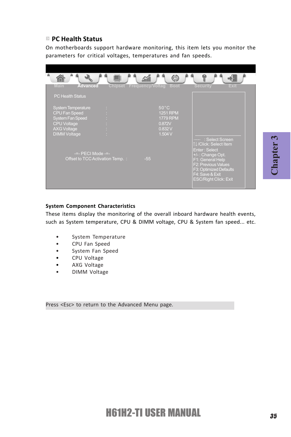 H61h2-ti user manual, Chapter 3, Pc health status | Elitegroup H61H2-TI (V1.0) User Manual | Page 39 / 66