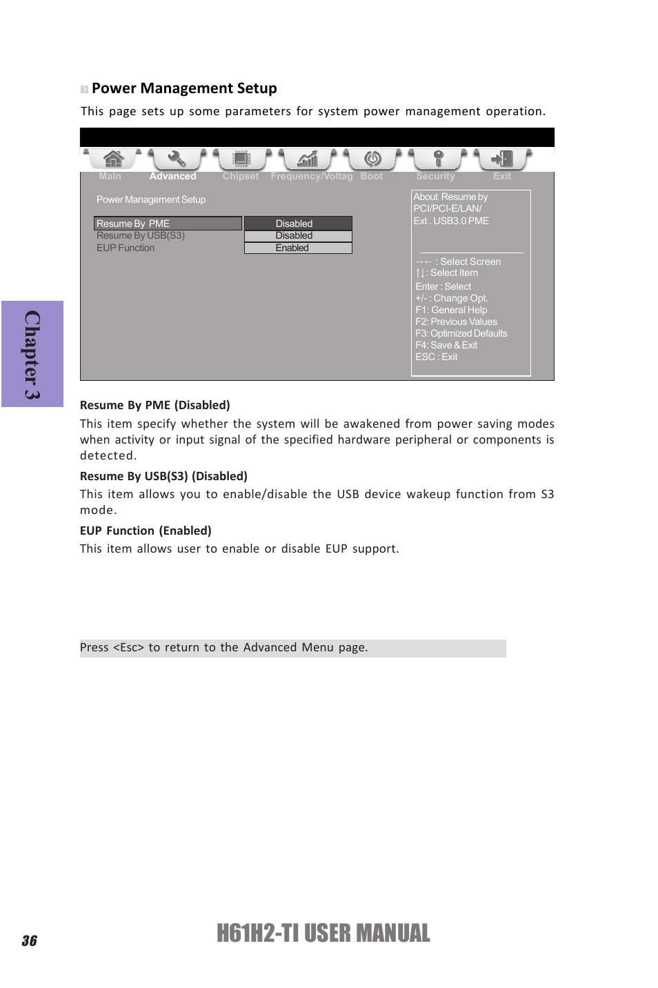 H61h2-ti user manual, Chapter 3, Power management setup | Elitegroup H61H2-TI (V1.0) User Manual | Page 40 / 66