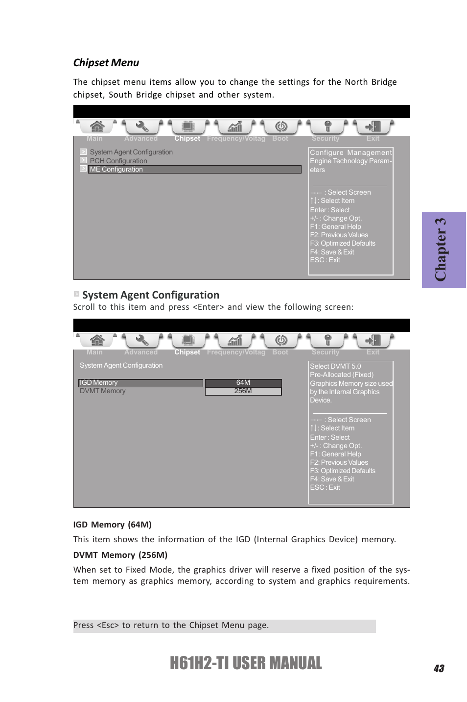 H61h2-ti user manual, Chapter 3, Chipset menu | System agent configuration | Elitegroup H61H2-TI (V1.0) User Manual | Page 47 / 66