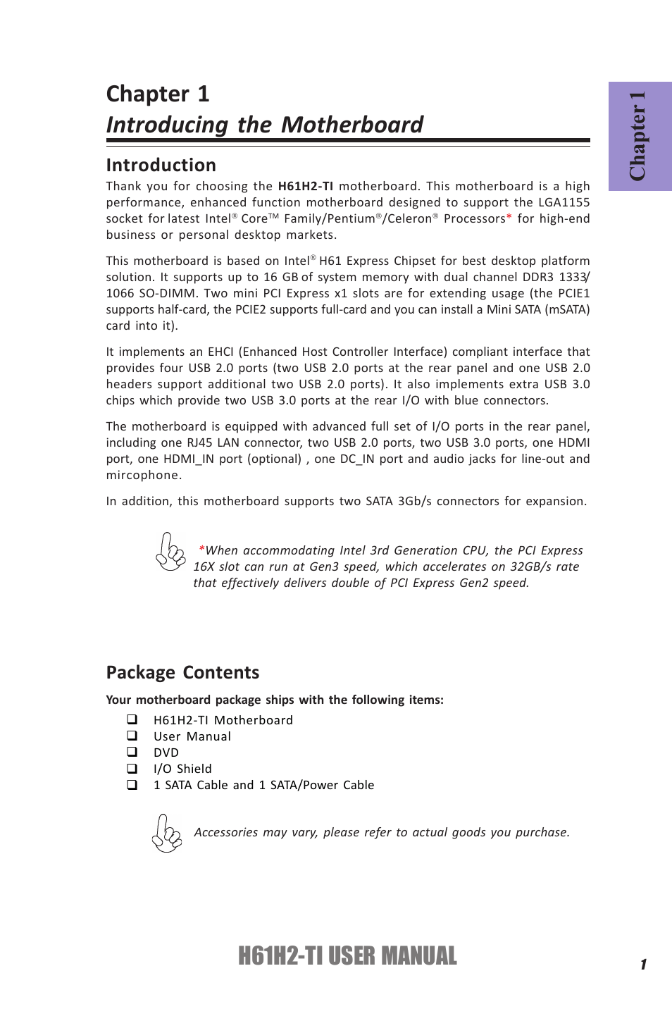 Chapter 1 introducing the motherboard, H61h2-ti user manual, Chapter 1 | Introduction, Package contents | Elitegroup H61H2-TI (V1.0) User Manual | Page 5 / 66