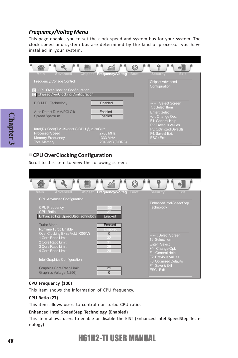 H61h2-ti user manual, Chapter 3, Frequency/voltag menu | Cpu overclocking configuration, Scroll to this item to view the following screen | Elitegroup H61H2-TI (V1.0) User Manual | Page 50 / 66