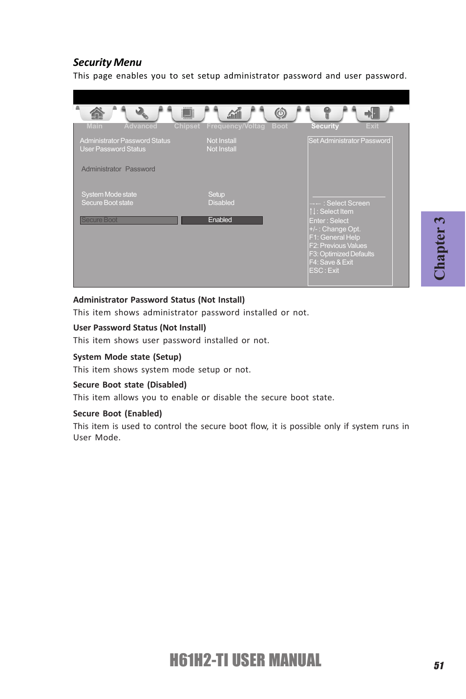 H61h2-ti user manual, Chapter 3, Security menu | Elitegroup H61H2-TI (V1.0) User Manual | Page 55 / 66