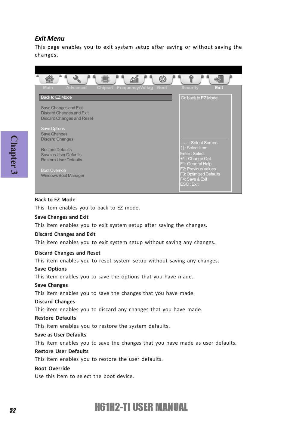 H61h2-ti user manual, Chapter 3, Exit menu | Elitegroup H61H2-TI (V1.0) User Manual | Page 56 / 66