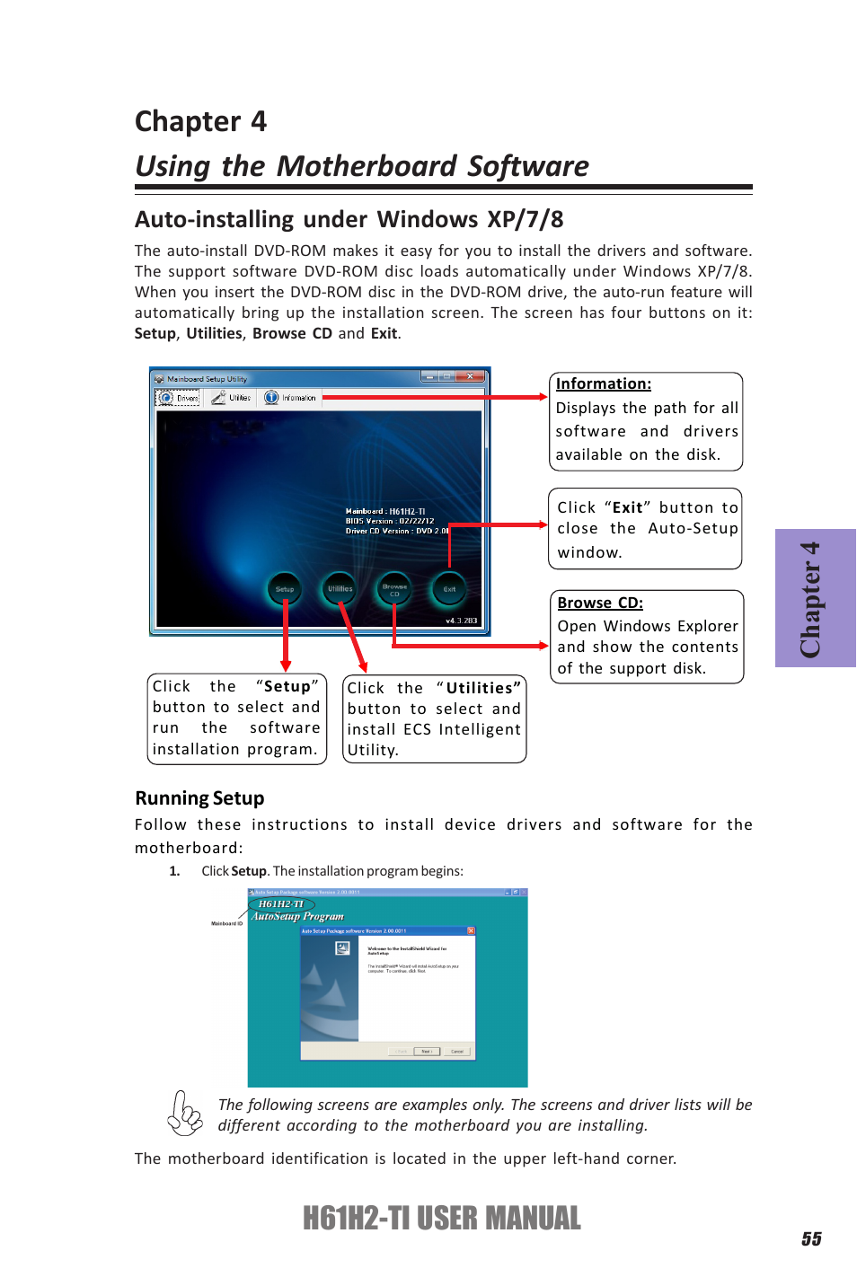 Chapter 4 using the motherboard software, H61h2-ti user manual, Chapter 4 | Auto-installing under windows xp/7/8 | Elitegroup H61H2-TI (V1.0) User Manual | Page 59 / 66