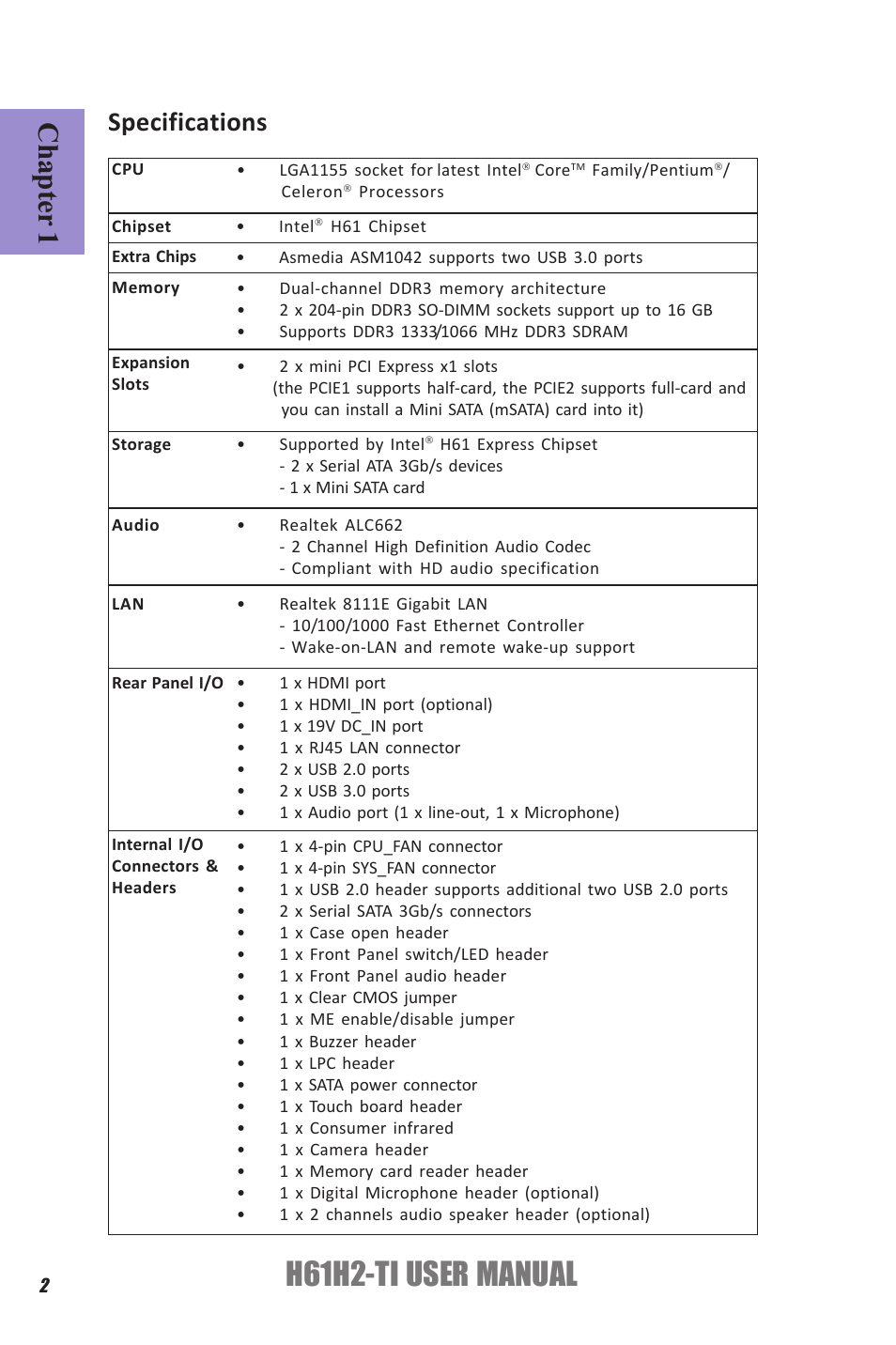 H61h2-ti user manual, Chapter 1, Specifications | Elitegroup H61H2-TI (V1.0) User Manual | Page 6 / 66