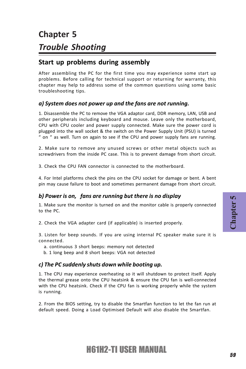 Chapter 5 trouble shooting, H61h2-ti user manual, Chapter 5 | Start up problems during assembly | Elitegroup H61H2-TI (V1.0) User Manual | Page 63 / 66