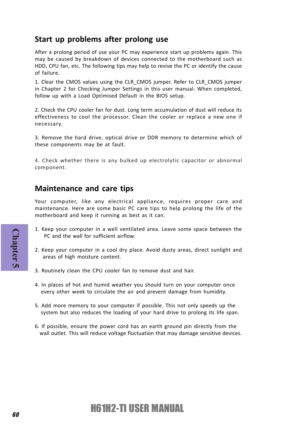 H61h2-ti user manual, Chapter 5, Start up problems after prolong use | Maintenance and care tips | Elitegroup H61H2-TI (V1.0) User Manual | Page 64 / 66