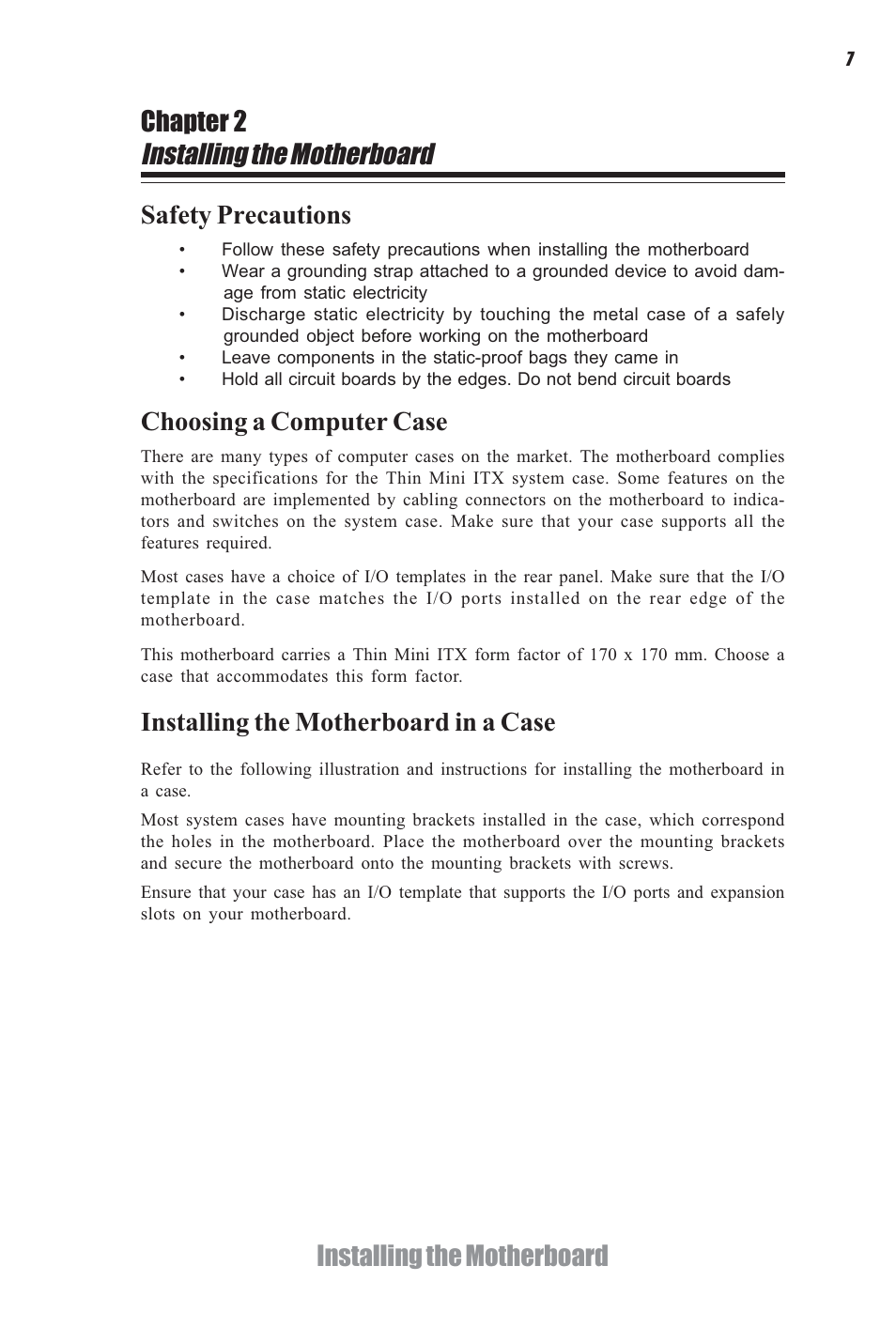 Installing the motherboard, Installing the motherboard chapter 2, Safety precautions | Choosing a computer case, Installing the motherboard in a case | Elitegroup H61H-G11 (V1.0) User Manual | Page 11 / 52
