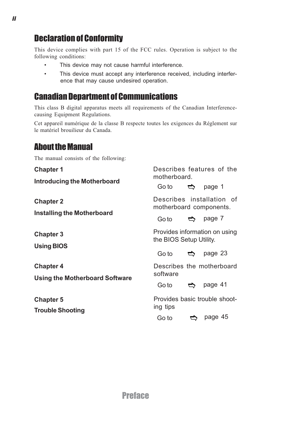Preface declaration of conformity, Canadian department of communications, About the manual | Elitegroup H61H-G11 (V1.0) User Manual | Page 2 / 52