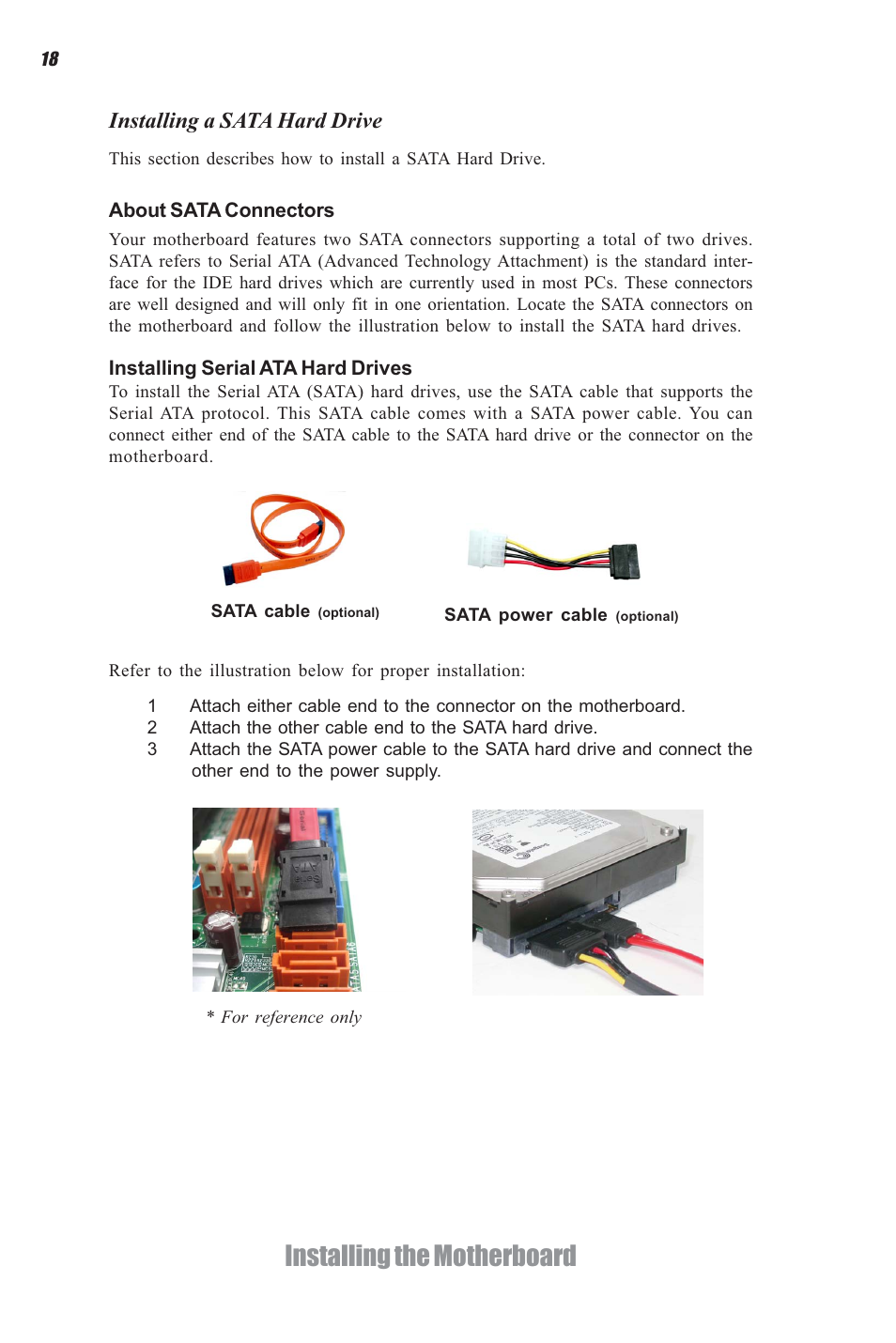 Installing the motherboard, Installing a sata hard drive | Elitegroup H61H-G11 (V1.0) User Manual | Page 22 / 52