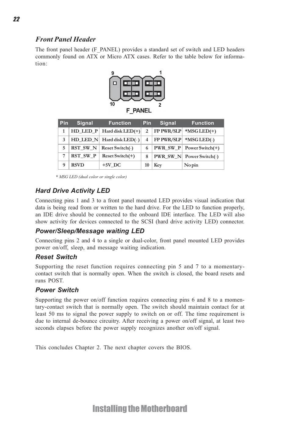 Installing the motherboard, Front panel header, Hard drive activity led | Power/sleep/message waiting led, Reset switch, Power switch | Elitegroup H61H-G11 (V1.0) User Manual | Page 26 / 52