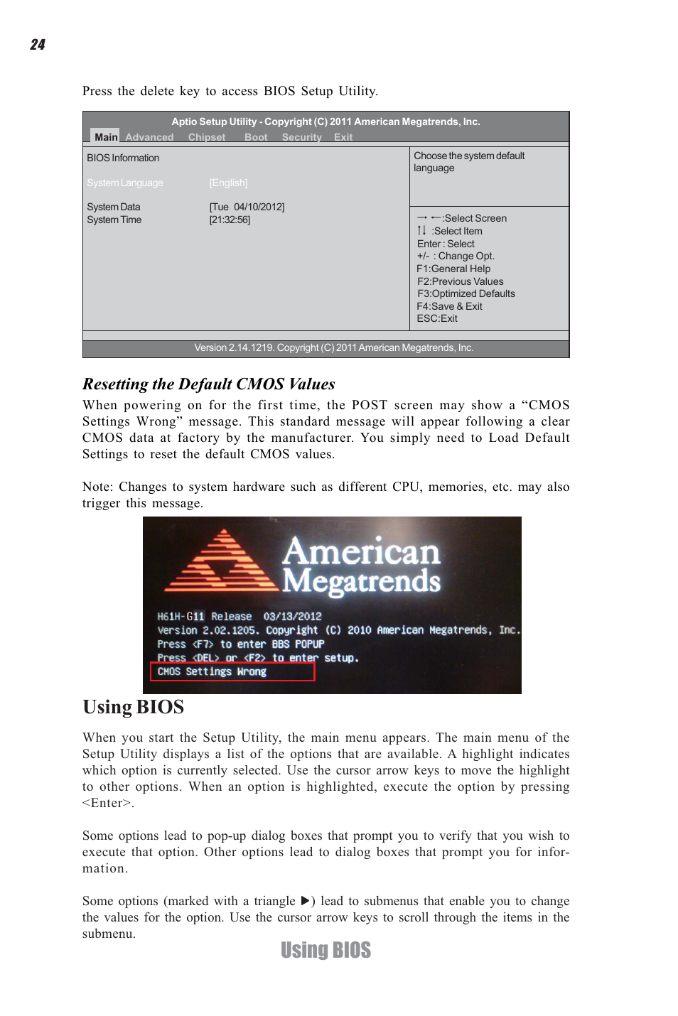 Using bios, Resetting the default cmos values | Elitegroup H61H-G11 (V1.0) User Manual | Page 28 / 52