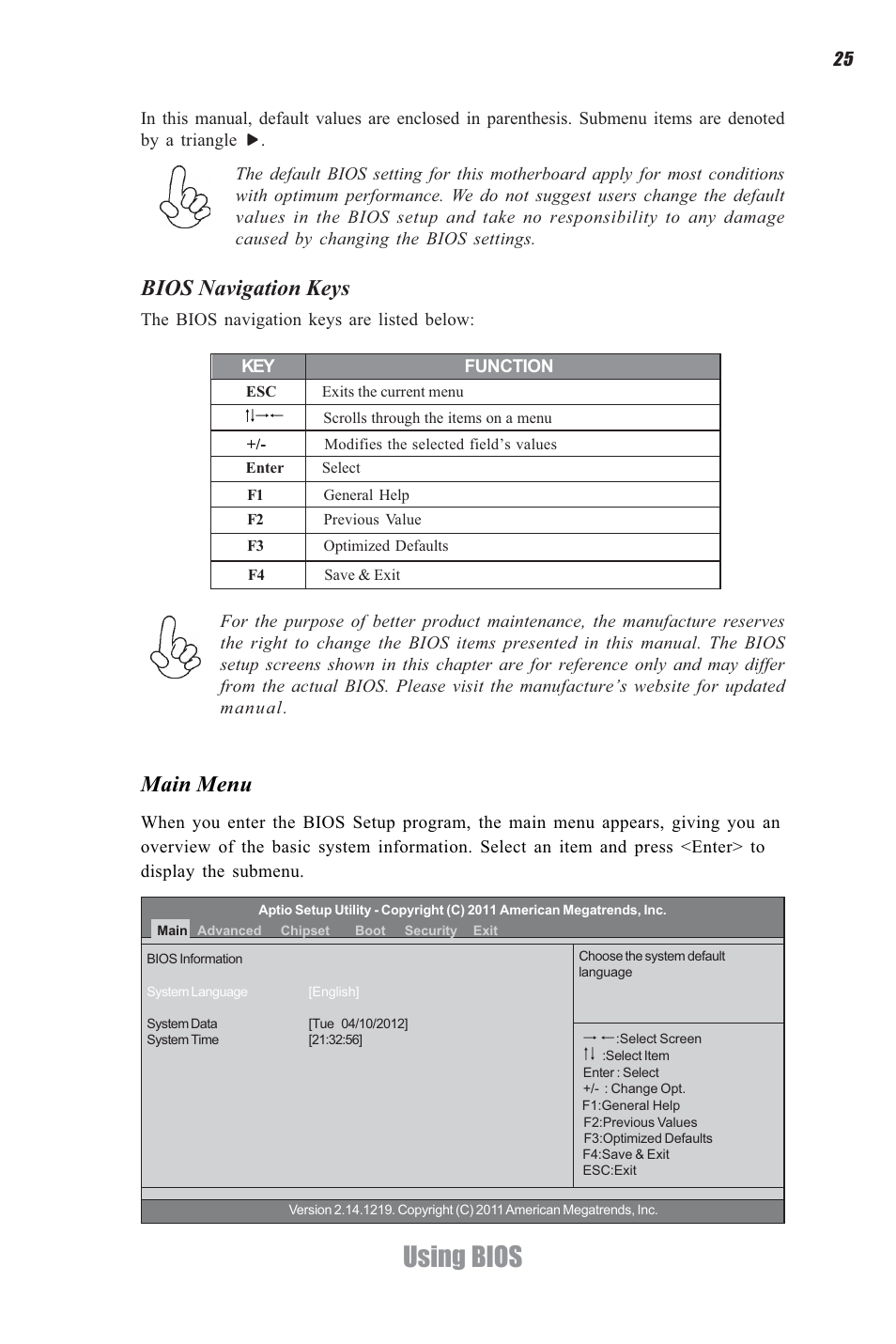 Using bios, Bios navigation keys, Main menu | Elitegroup H61H-G11 (V1.0) User Manual | Page 29 / 52